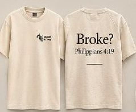 Broke? Philippians 4:19 t-shirt in ivory cream, Music & Tea UK merchandise