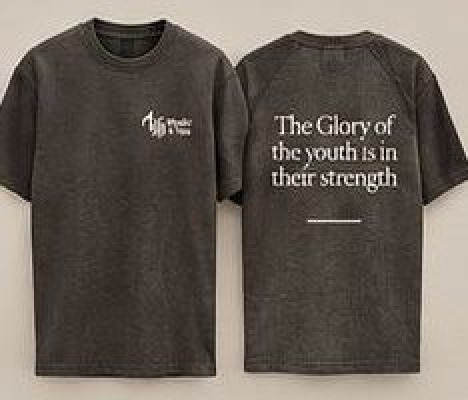 The Glory of the Youth Is in Their Strength t-shirt in charcoal taupe, Music & Tea UK merchandise
