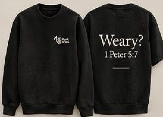 Weary? 1 Peter 5:7 crewneck in black, Music & Tea UK merchandise